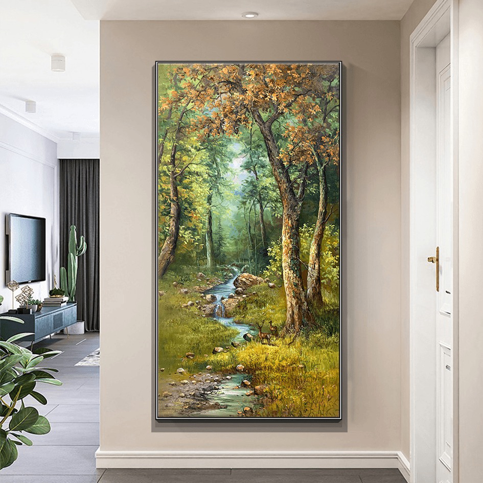 纯手绘油画树林风景画现代简约轻奢风玄关装饰画入户走廊过道竖版