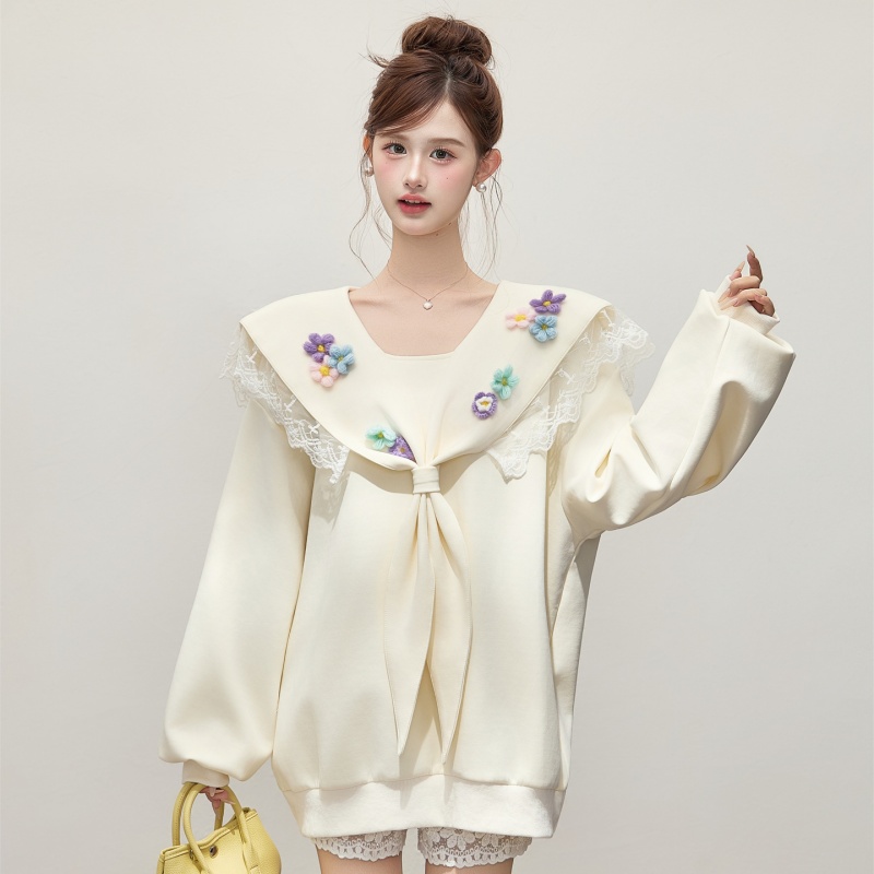 毛线花蕾丝边海军领宽松卫衣