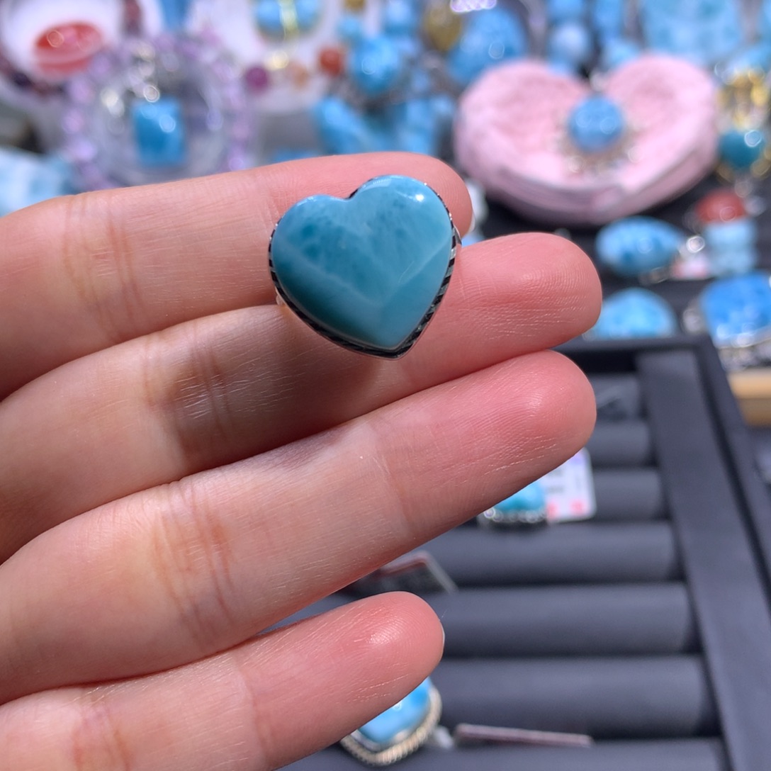 针钠钙石（海纹石）银S925镶嵌戒指爱心戒指色差略异
