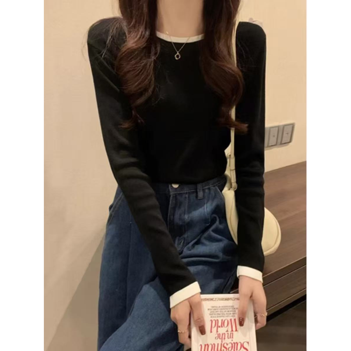 GZ正肩长袖t恤打底衫女秋季款设计感别致修身内搭撞色上衣M