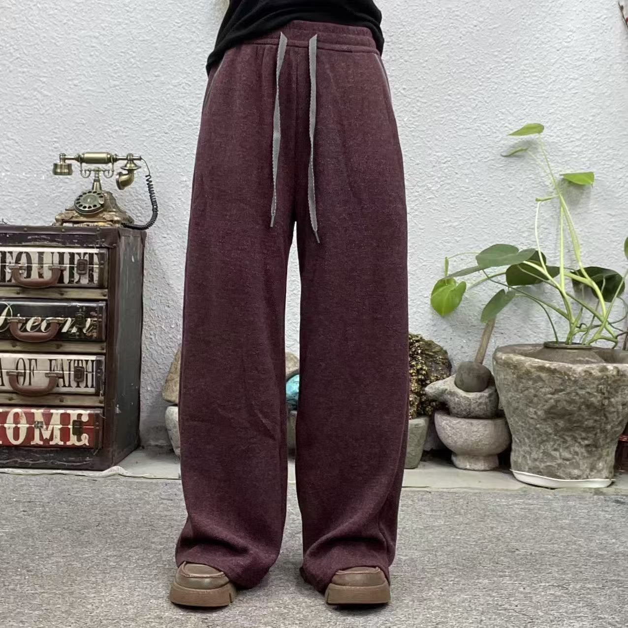 6002磨毛针织口袋拼色阔腿休闲裤（长102臀围104脚口60