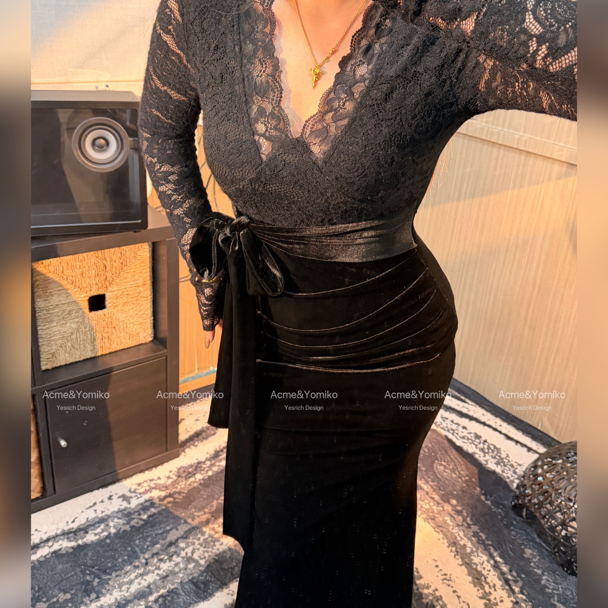 巴黎夜未晚 法式精致优雅名媛风长袖黑色加绒款连衣裙G385/G409