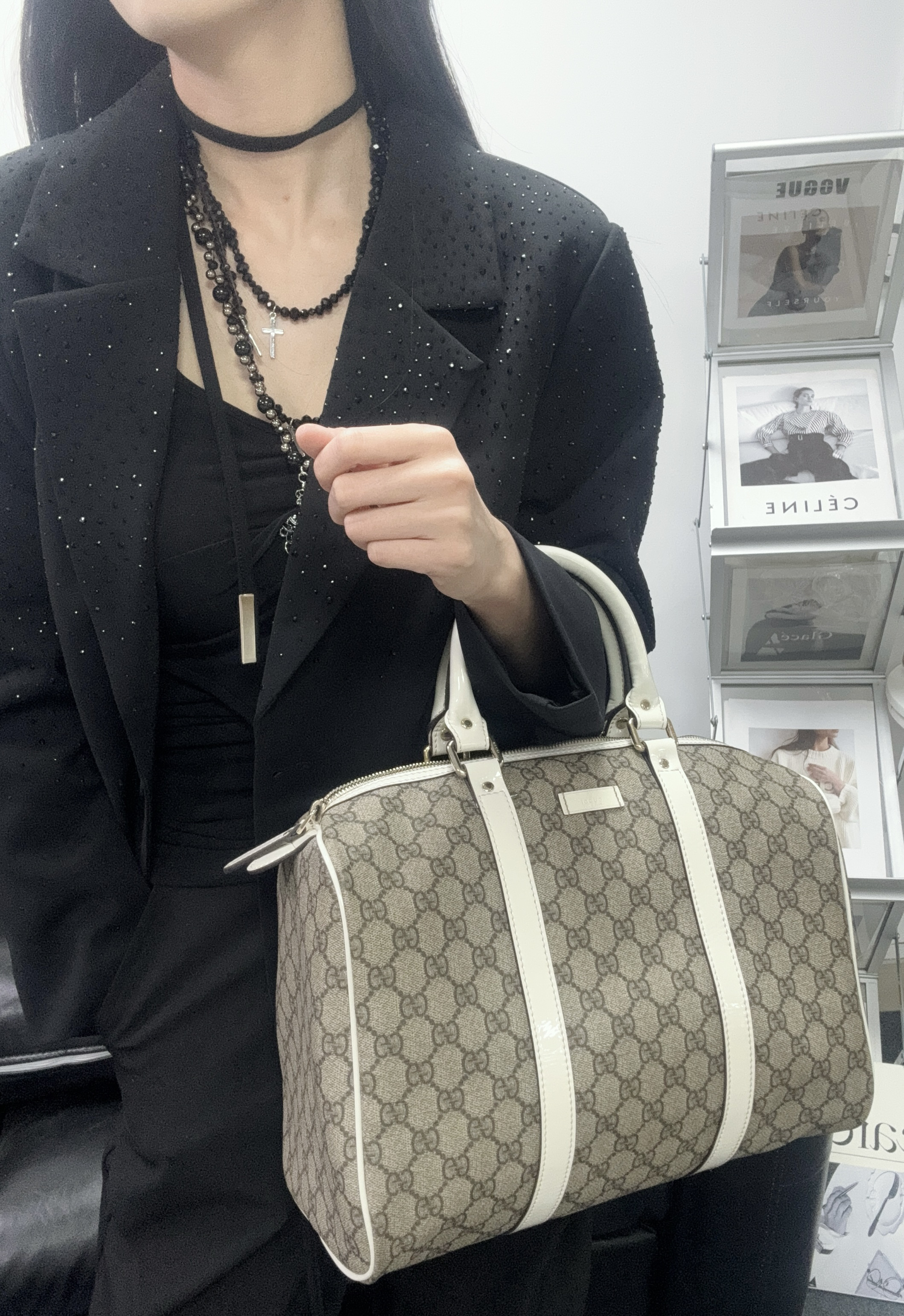 95新 GUCCI/古驰 老花大号波士顿 手提包/秋境 01051