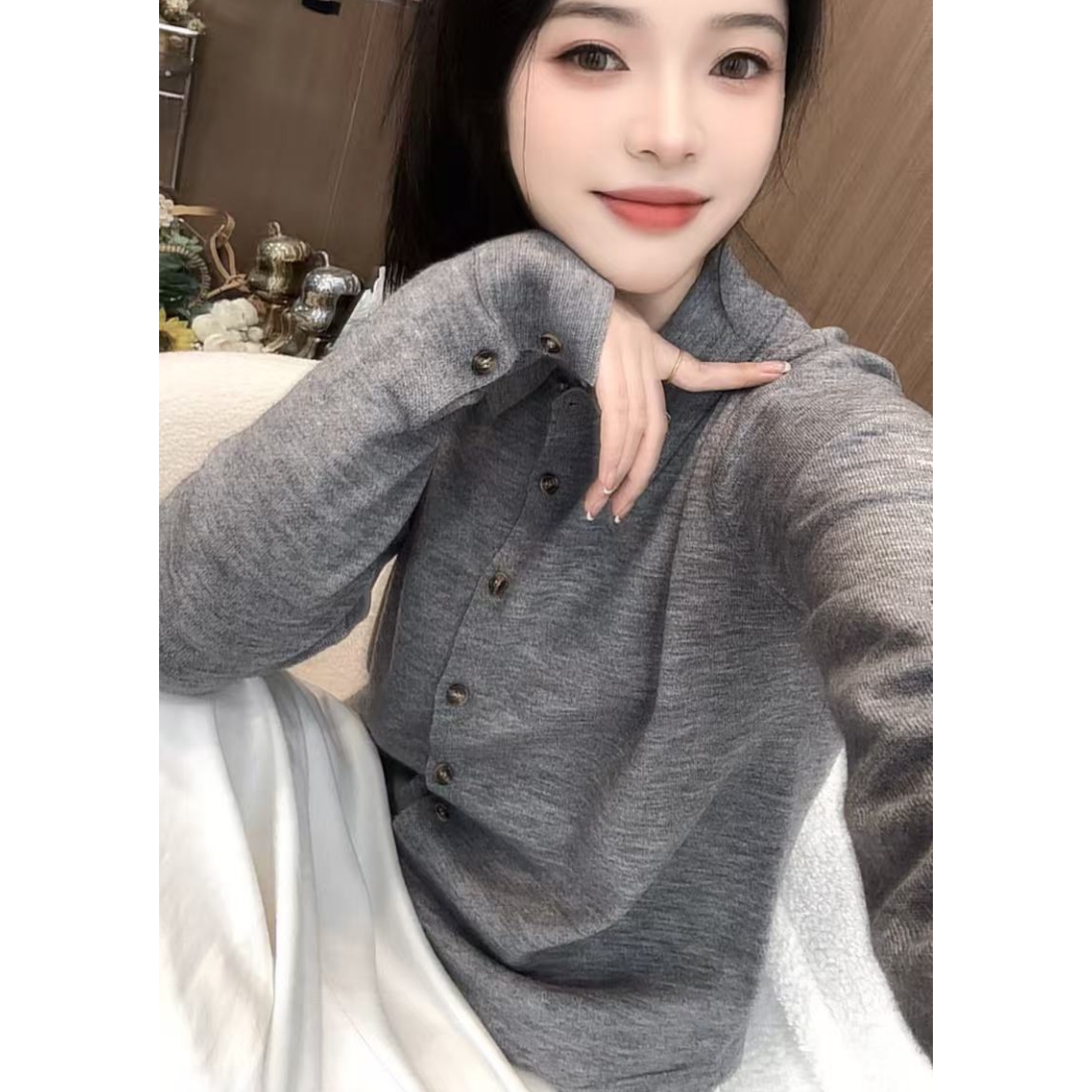 丽姐家~灰衬衫气质长袖网红时尚百搭黑色翻领秋冬