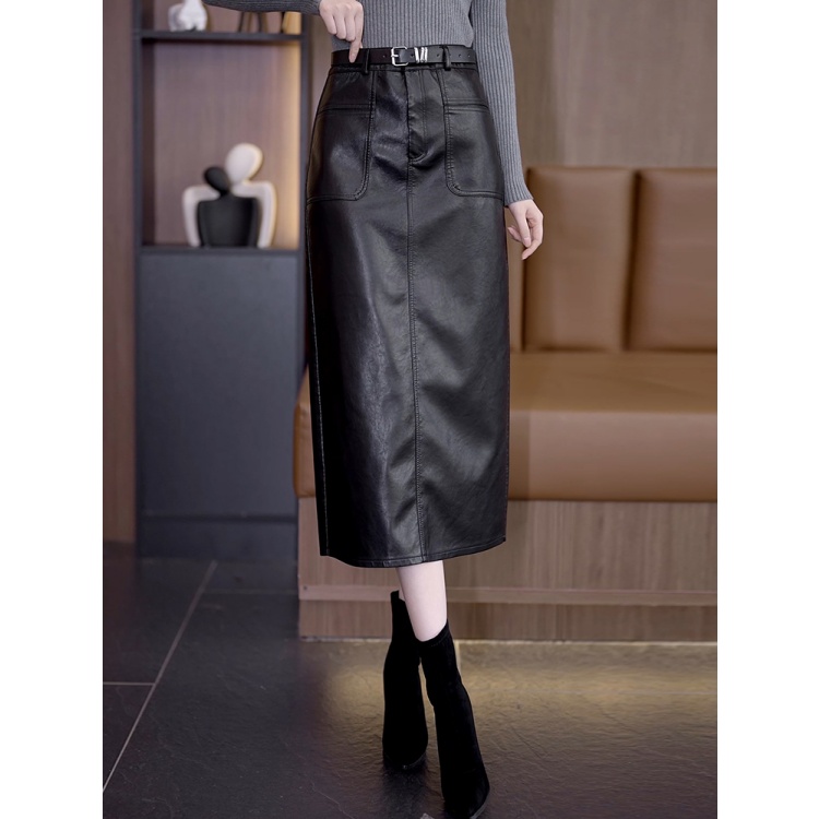 拉夏贝尔高腰中长款直筒裙子2025春秋冬季款皮裙半身裙一步包臀裙
