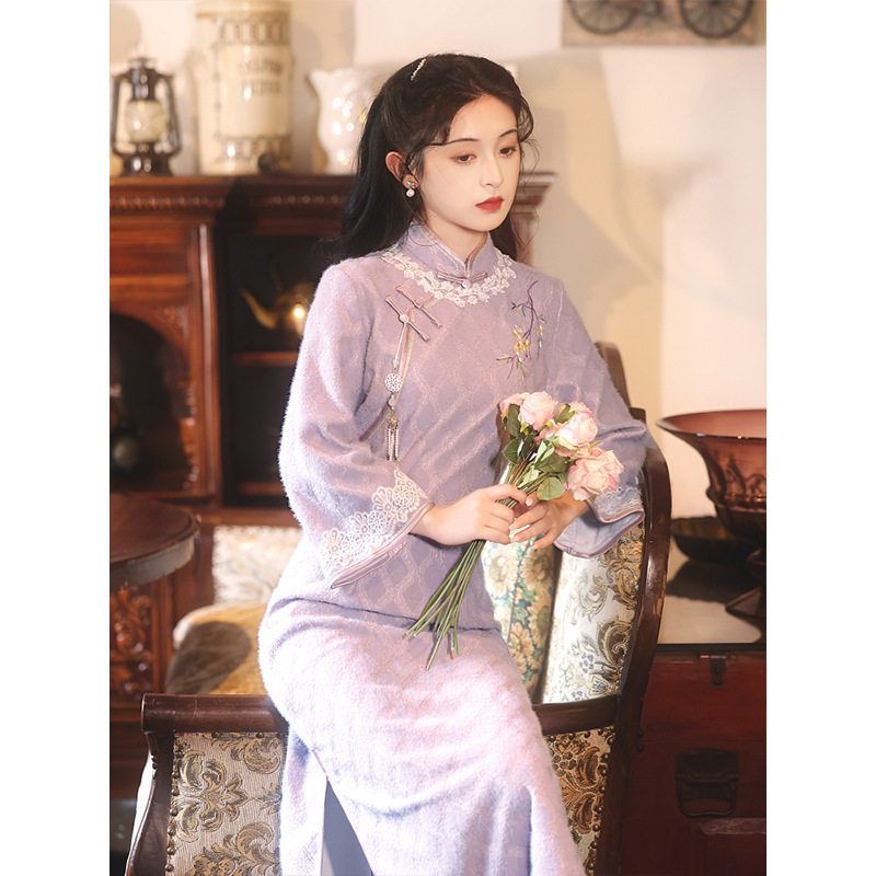 紫色旗袍2023新款改良年轻款高端气质秋冬季长袖复古民国风老上