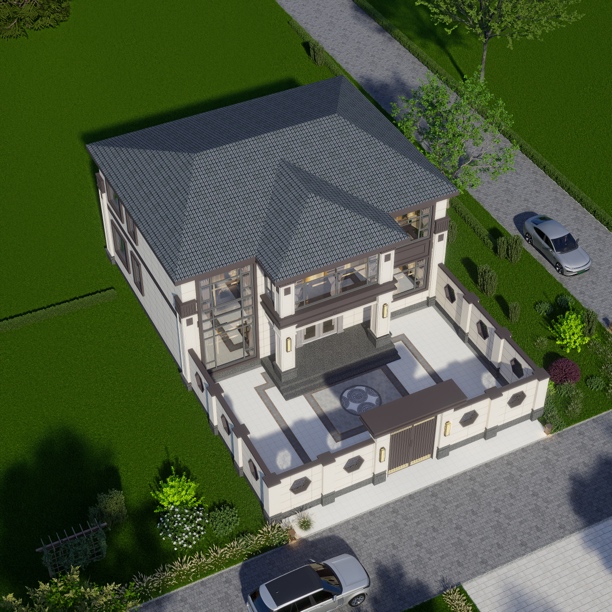 新款二层新中式农村自建别墅全套施工图效果图设计