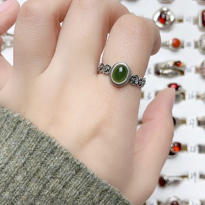 和田玉戒指银S925镶嵌天然