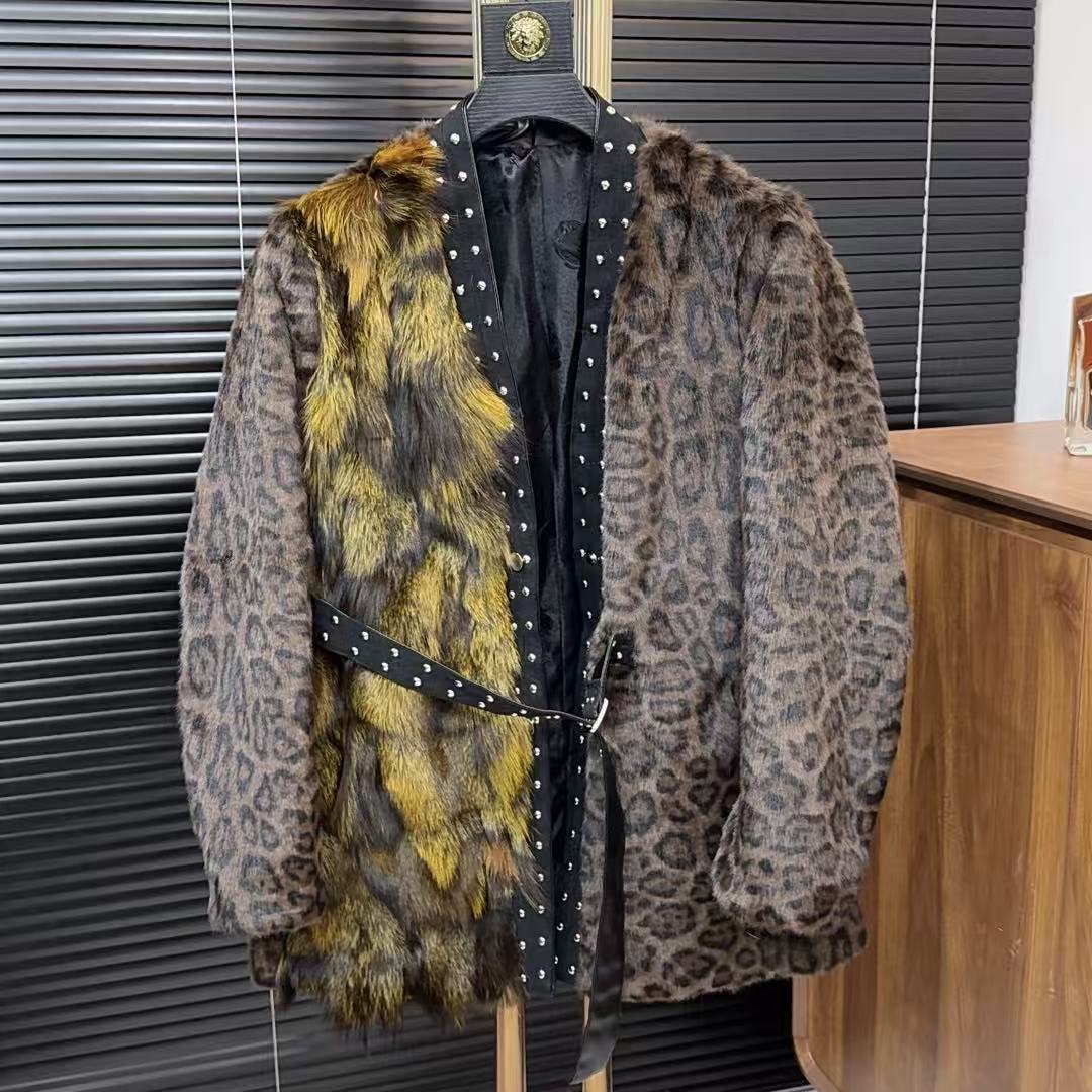 人造皮草 豹纹拼接V领潮流时尚百搭个性女士外套