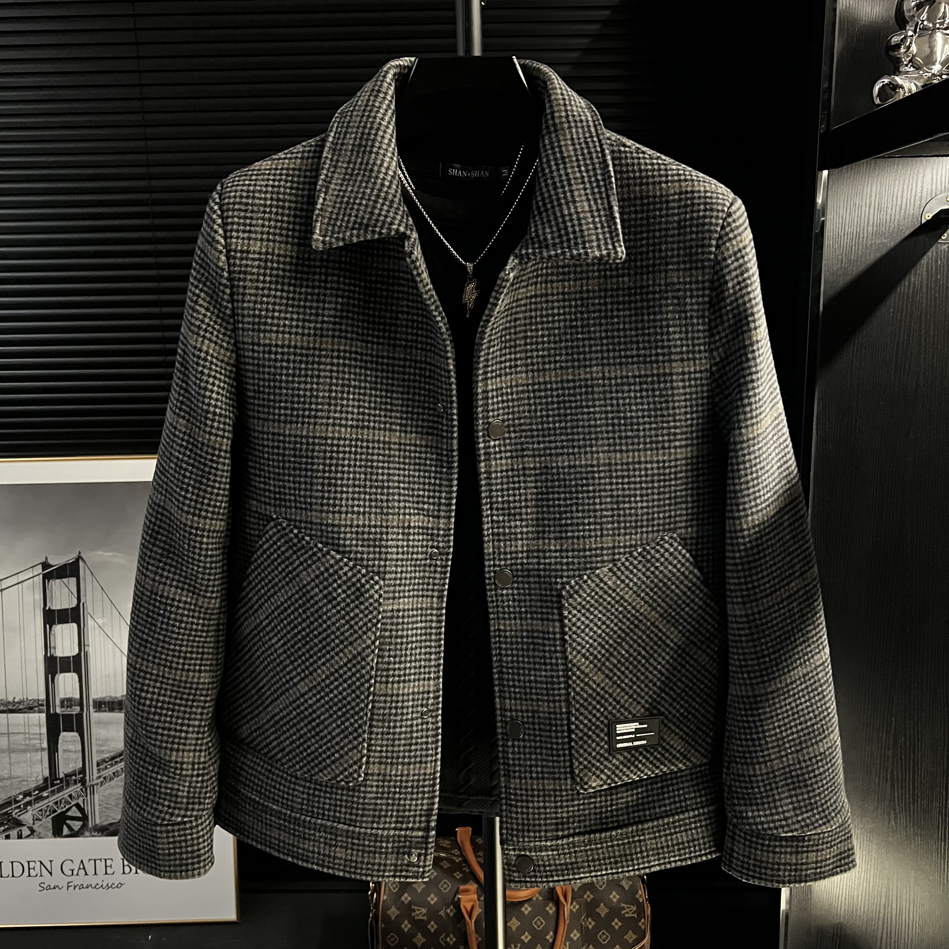 YE-25秋冬季新款毛呢外套男士修身加厚夹克短款休闲呢子大衣潮流