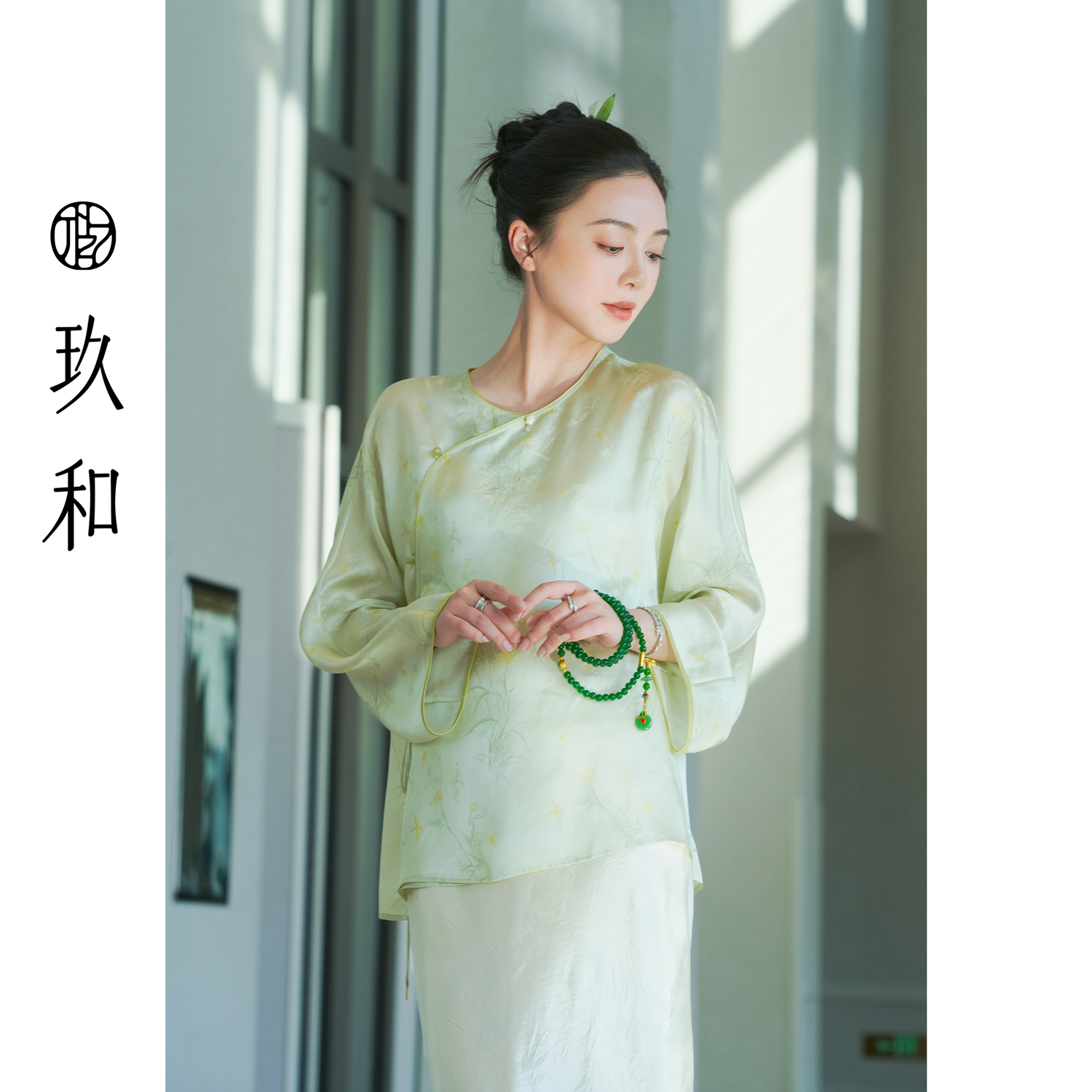 【玖和】轻中式春夏复古宽松斜襟提花长袖圆领中国风衬衫JHA2SY334