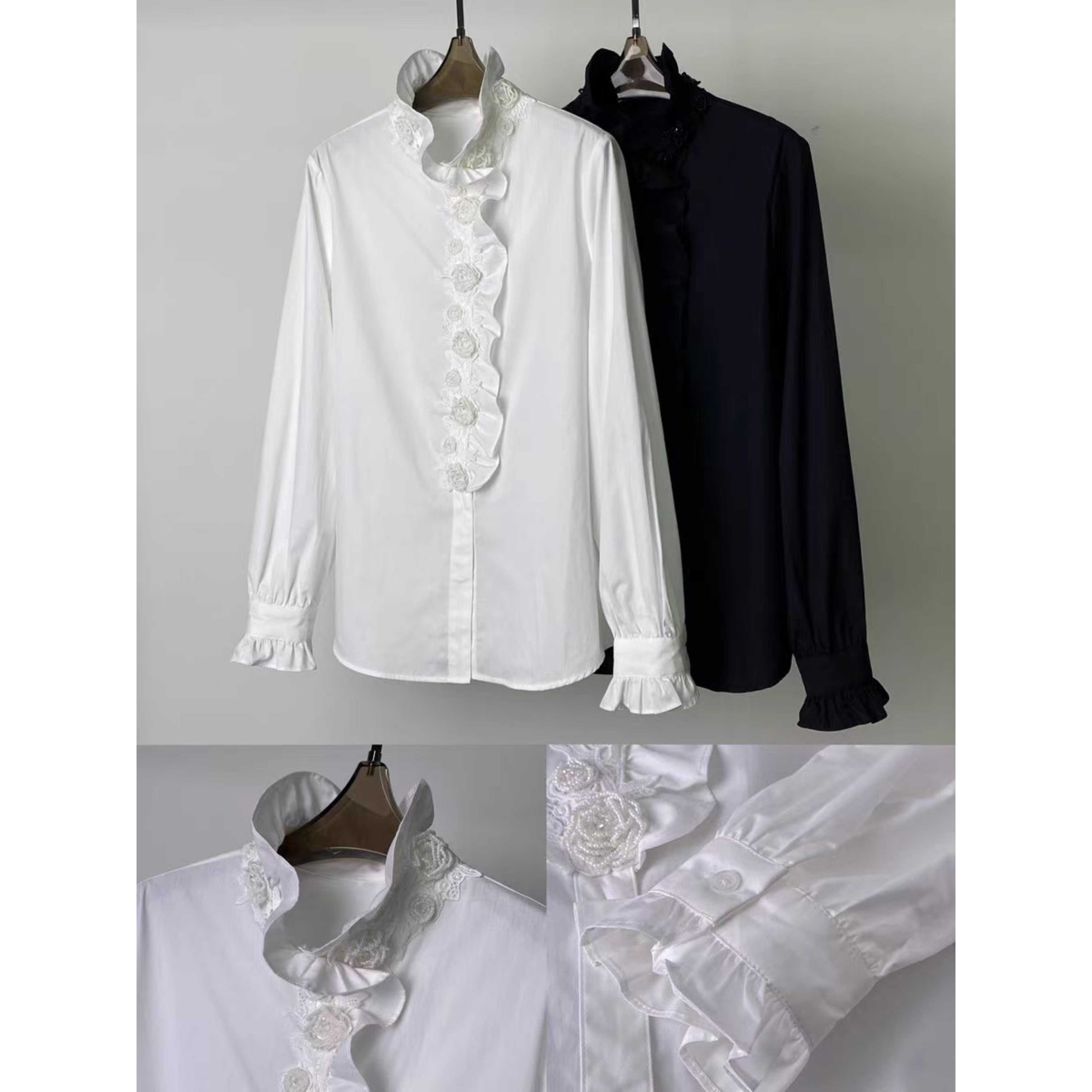 玫瑰花秋季花朵休闲V领荷叶衬衫复古网红衬衣上衣