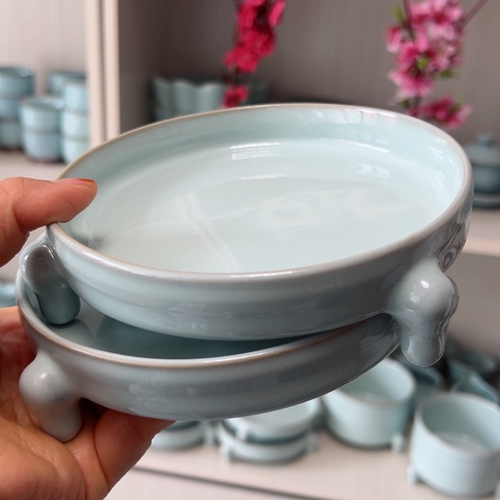 杯天青色三足洗微瑕一对