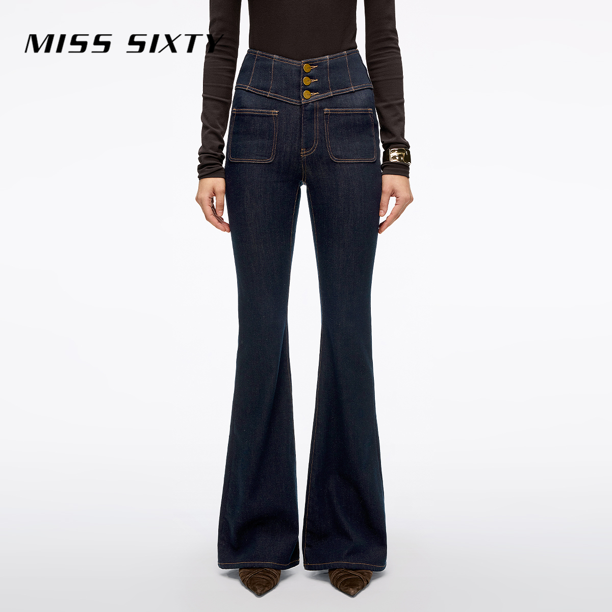 Miss Sixty2025秋季新款抓毛牛仔裤V型高腰喇叭长裤超模裤流光风