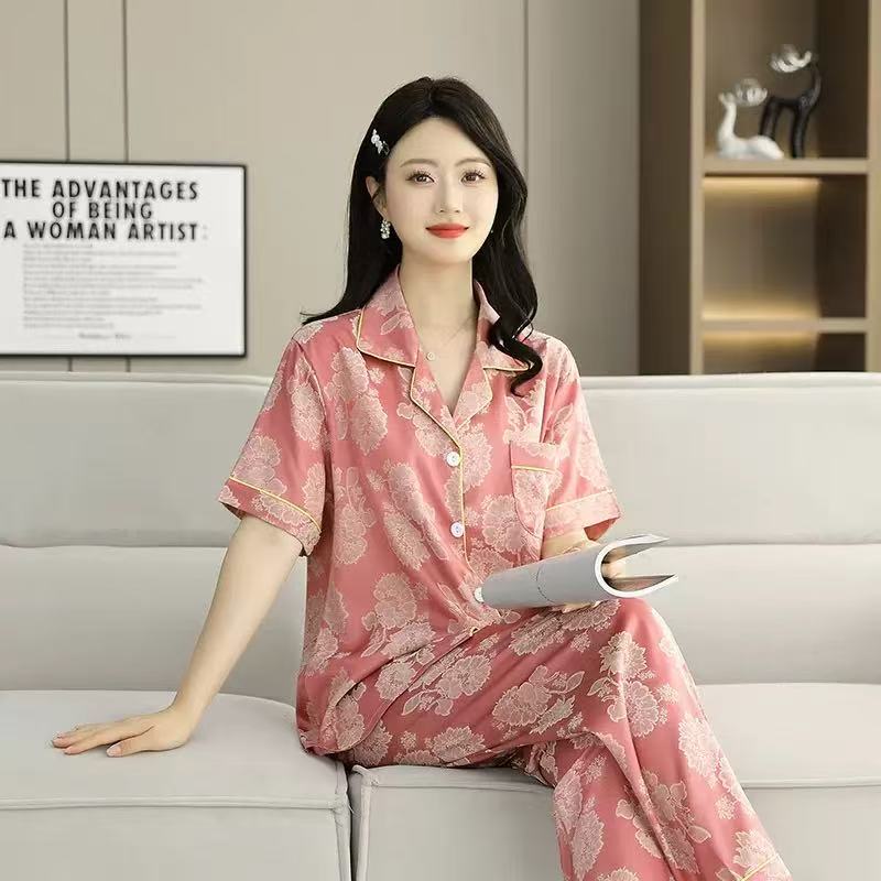 2025夏季女士冰凉丝滑提花缎面睡衣家居服套装