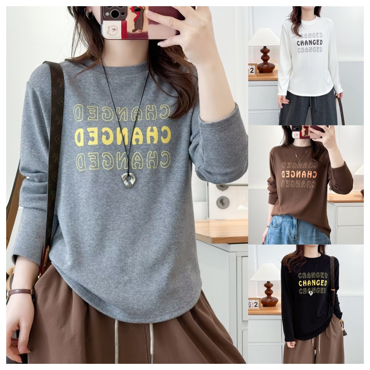 加厚时尚保暖宽松字母秋冬韩版加宽微胖打底T恤圆领印花内搭上衣