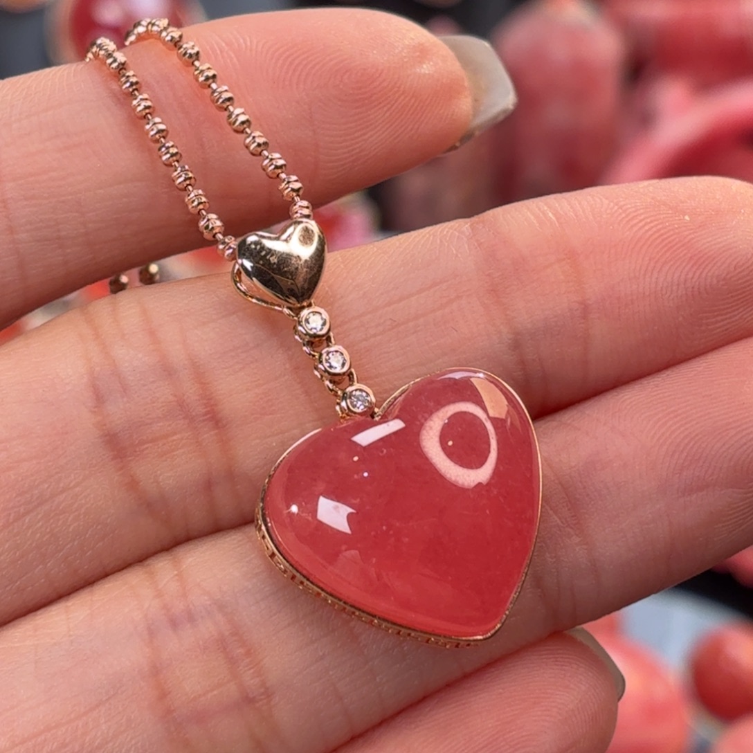 菱锰矿（红纹石）18K金镶嵌吊坠(不含链)