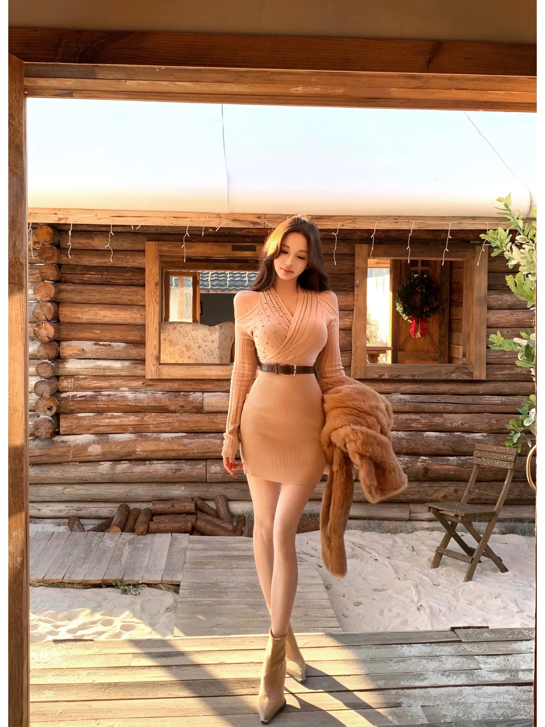 【纤腰密语】纯欲气质时尚性感修身设计感包臀裙长袖针织连衣裙女