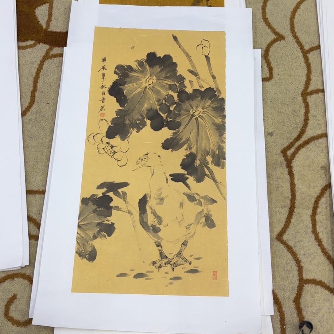 国画魏晋红花鸟作品艺