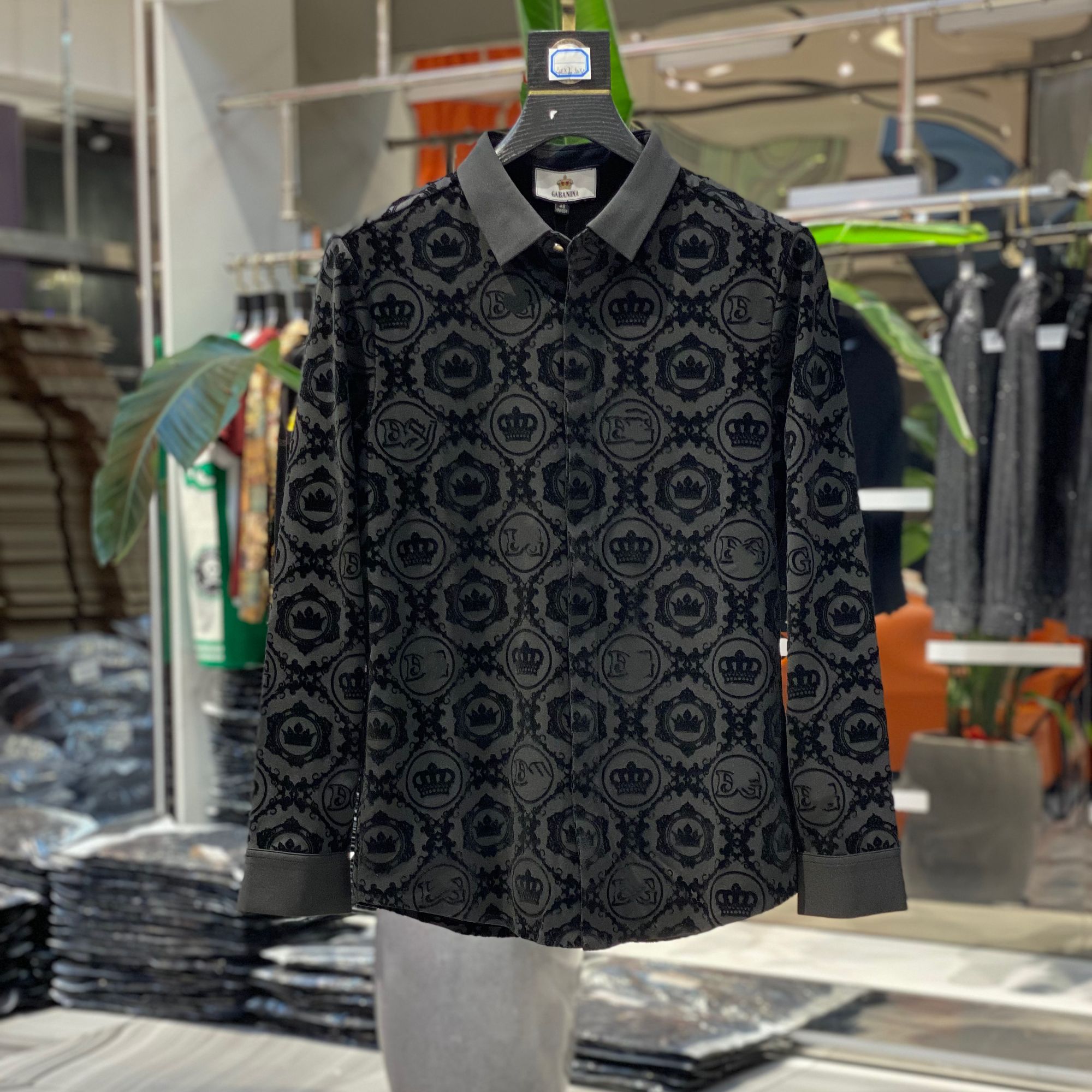 春夏季新款男士欧货重工植绒时尚潮流修身百搭长袖 衬衫