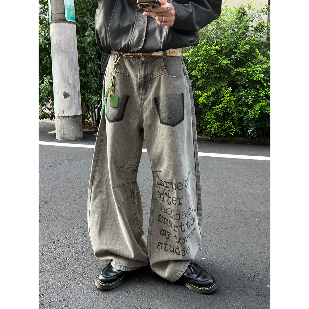 美式复古字母印花弯刀牛仔裤男女秋季新款宽松休闲阔腿直筒拖地裤