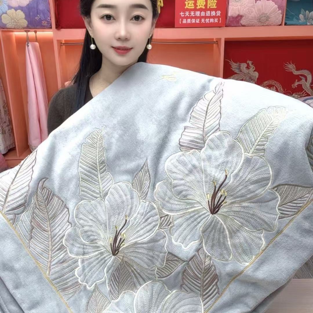 【如花】灰绣花加厚牛奶绒四件套刺绣牛奶绒被套大床单枕套4