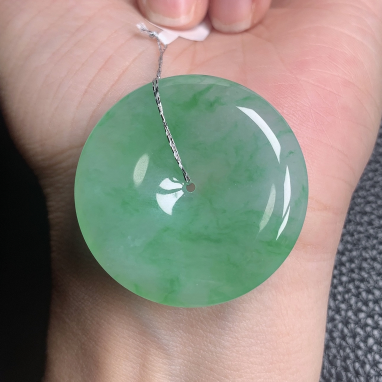 1- 天然缅甸a货翡翠冰种满绿飘花大平安扣吊坠 毛衣链36-6.0mm 