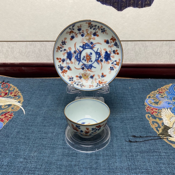 清康熙青花矾红描金花卉杯碟A52/古董收藏/KC20250120020