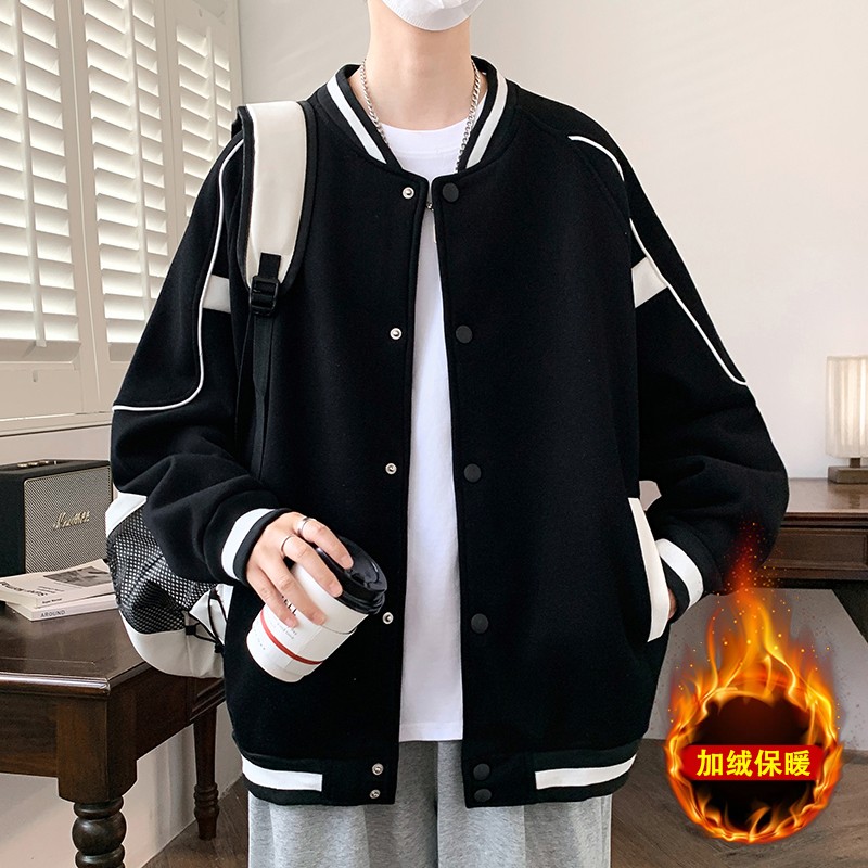 加绒棒球服外套男秋冬季2025新款美式拼接夹克青少年加厚保暖上衣