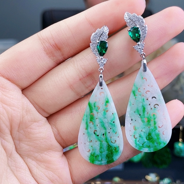 翡翠耳饰银S925镶嵌饰品