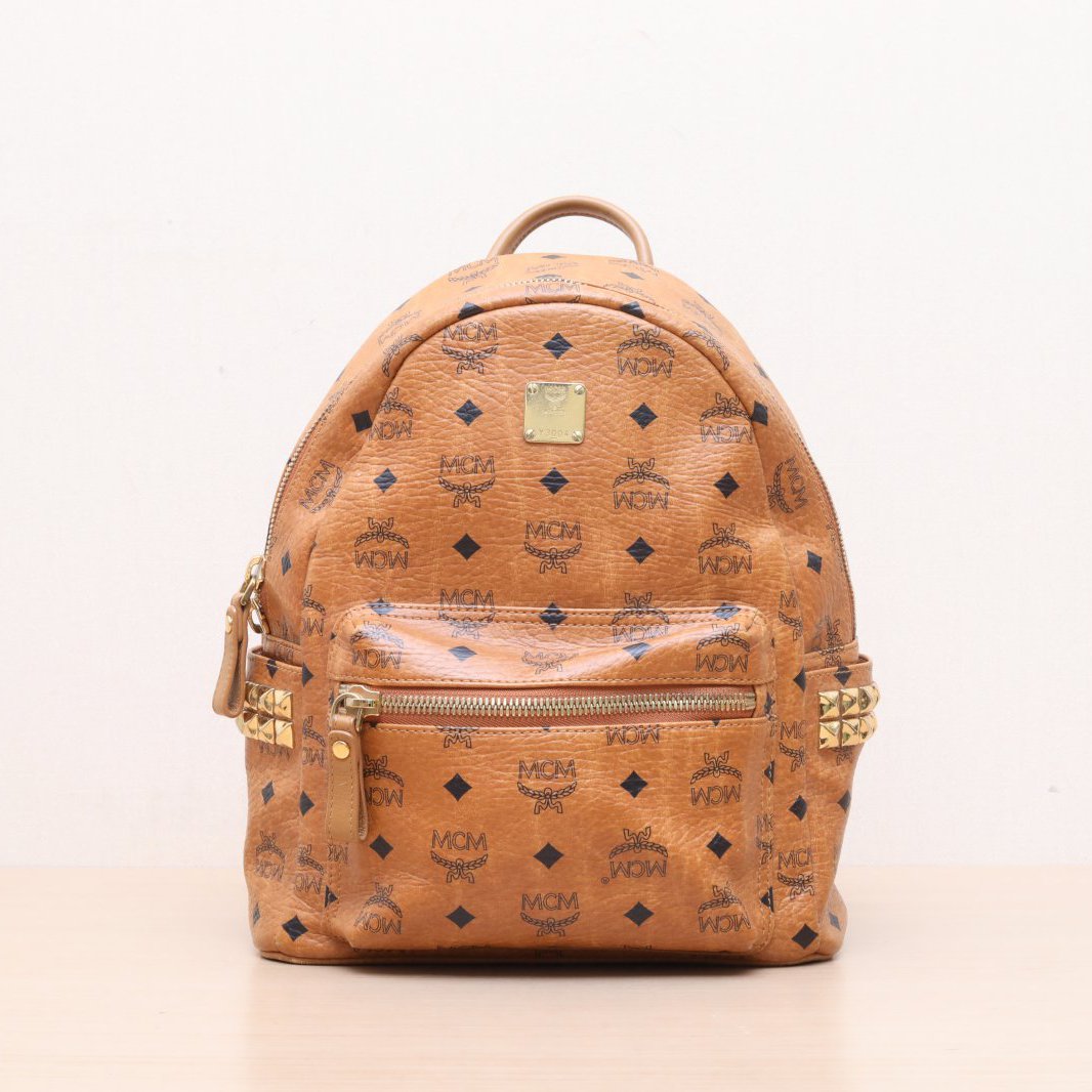 95新 MCM 侧边铆钉 双肩包 小号 干邑色 皮革C P205742463