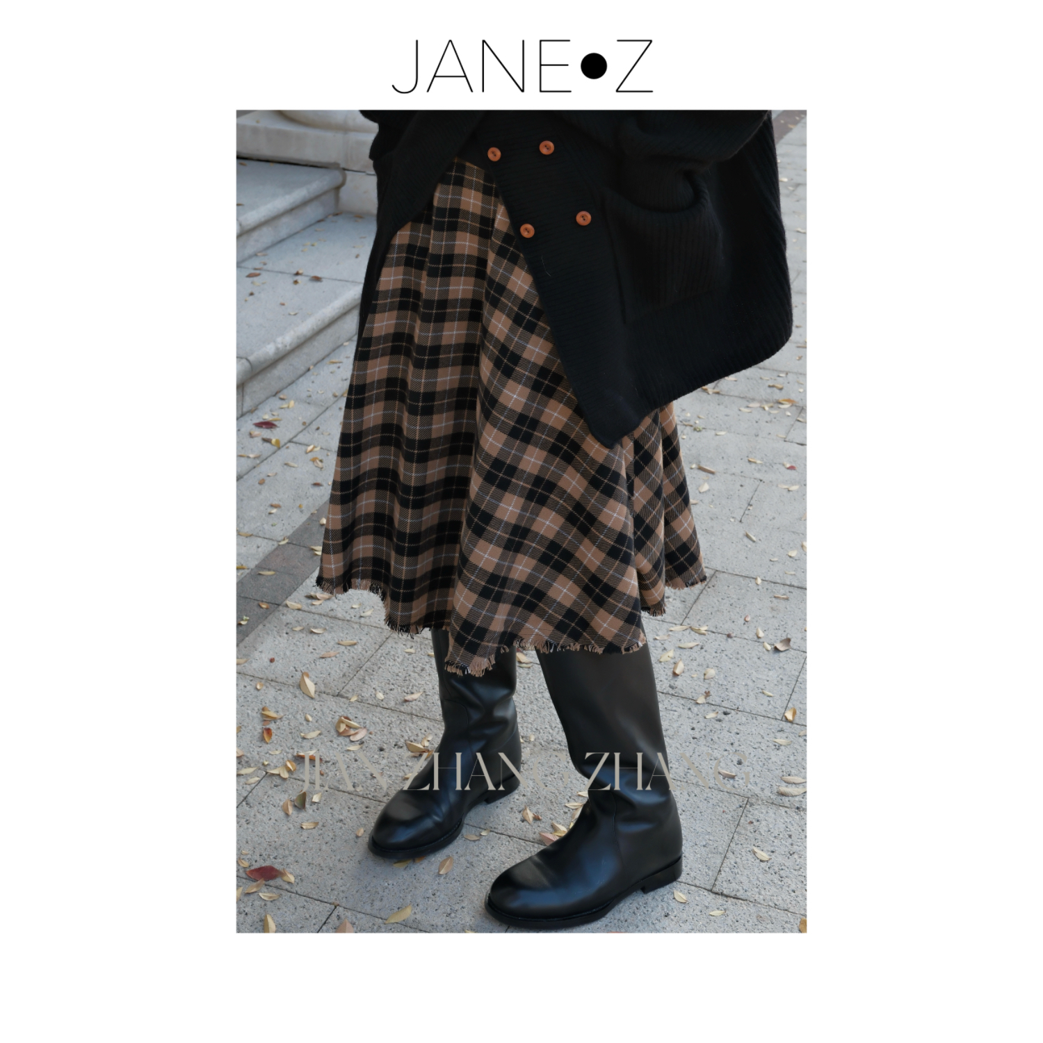 【纽约转角】精纺羊毛复古格纹下摆流苏不规则显瘦半身裙JZYCH161