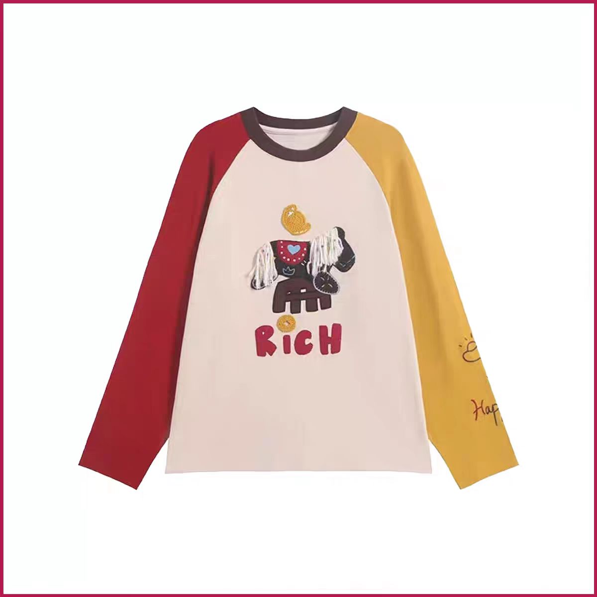 【暴富小马】新品手钩木马元宝撞色拼接长袖T恤宽松上衣.D2492