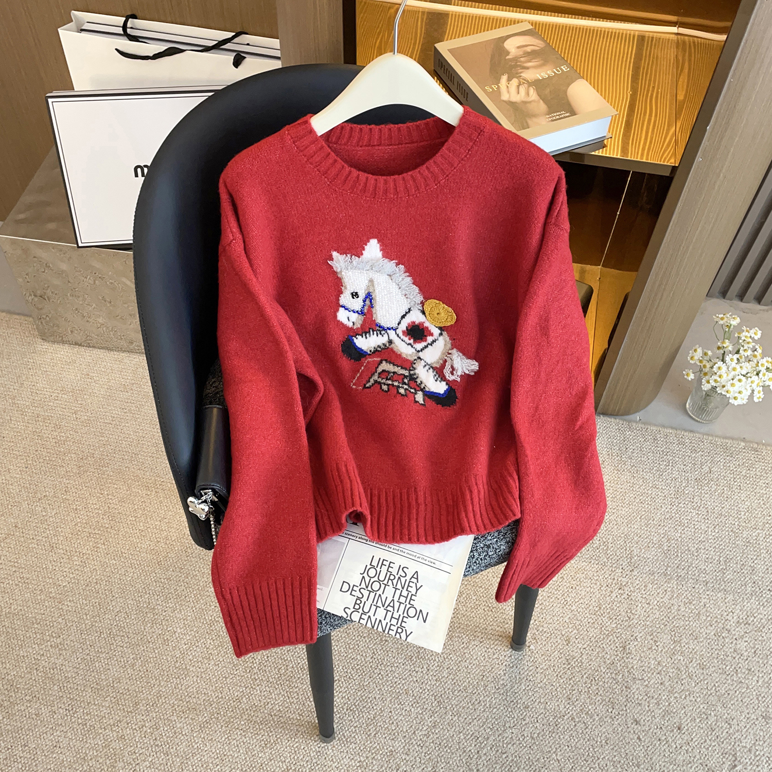 红色套头提花针织衫毛衣女圣诞穿搭上衣DY9780