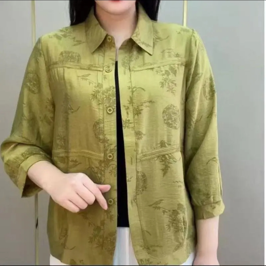 早秋新款显瘦衬衫上衣七分袖薄款翻领提花衬衣宽松百搭外套