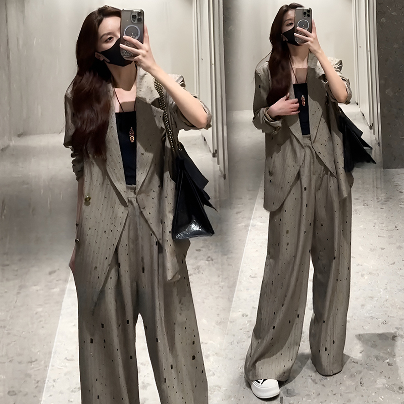 2025春秋新款韩版时尚设计感西装外套女+高腰阔腿裤气质两件套装