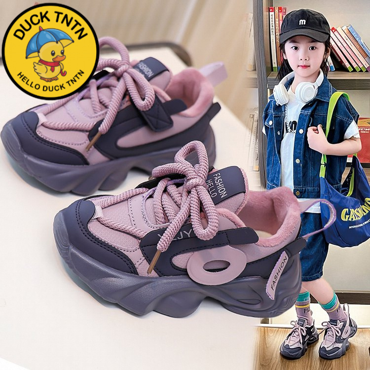 小黄鸭儿童老爹鞋女童运动鞋加绒秋冬2025新款跑步鞋防滑男童棉鞋