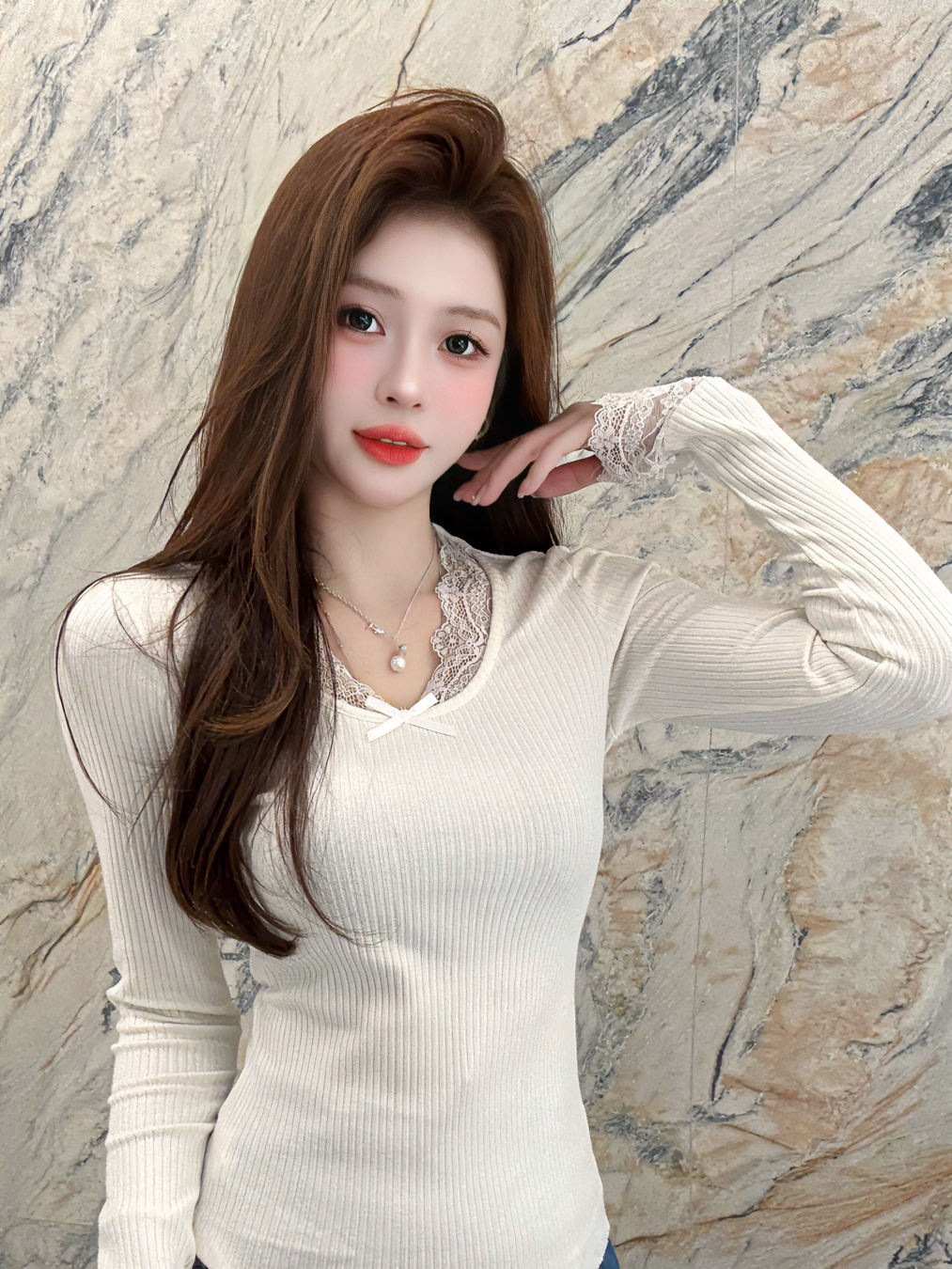 显瘦修身U型领拼接蕾丝长袖打底衫女装性感上衣秋冬E12532