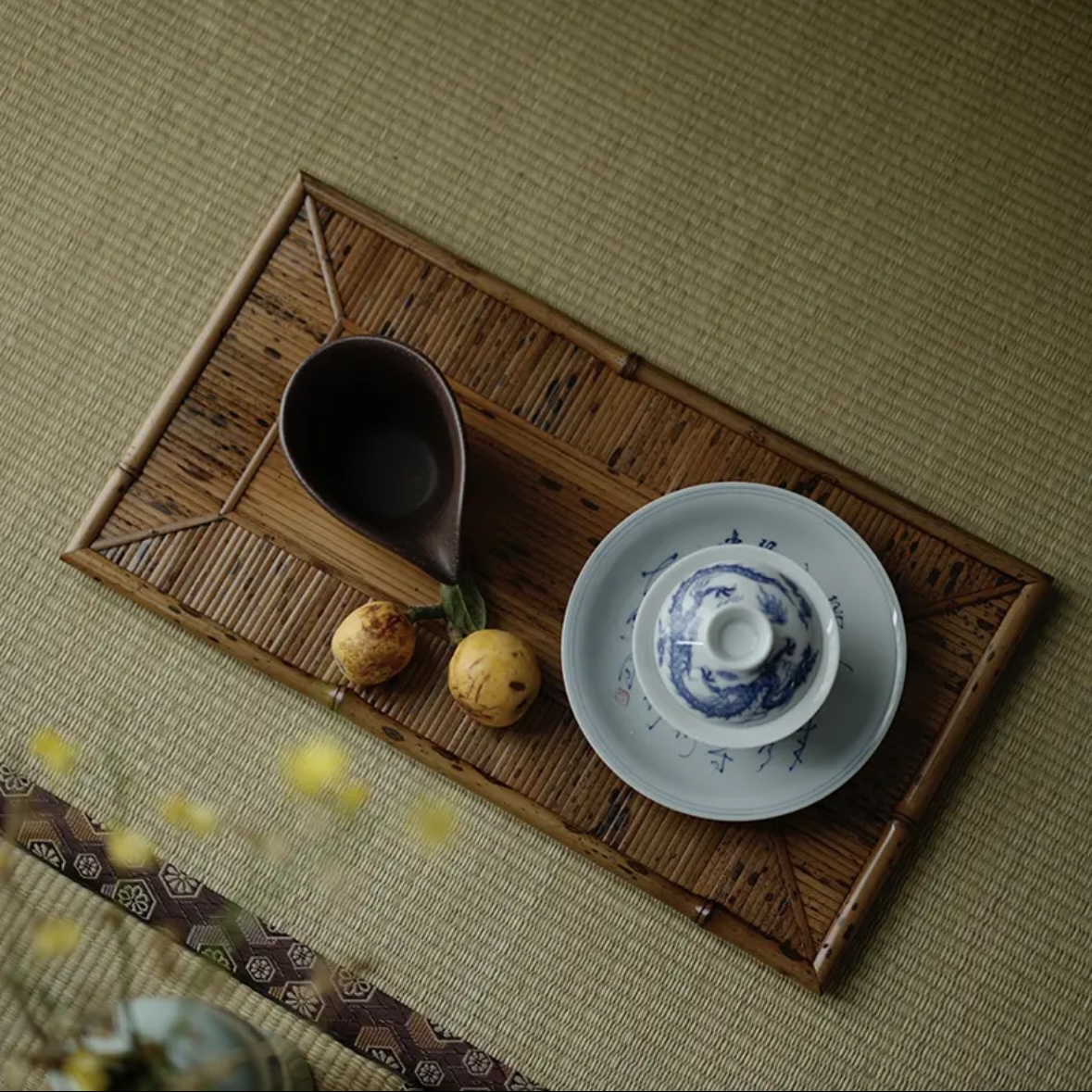 家用日式长方形茶道干泡茶盘 梅鹿竹制奉茶盘文人展示盘复古