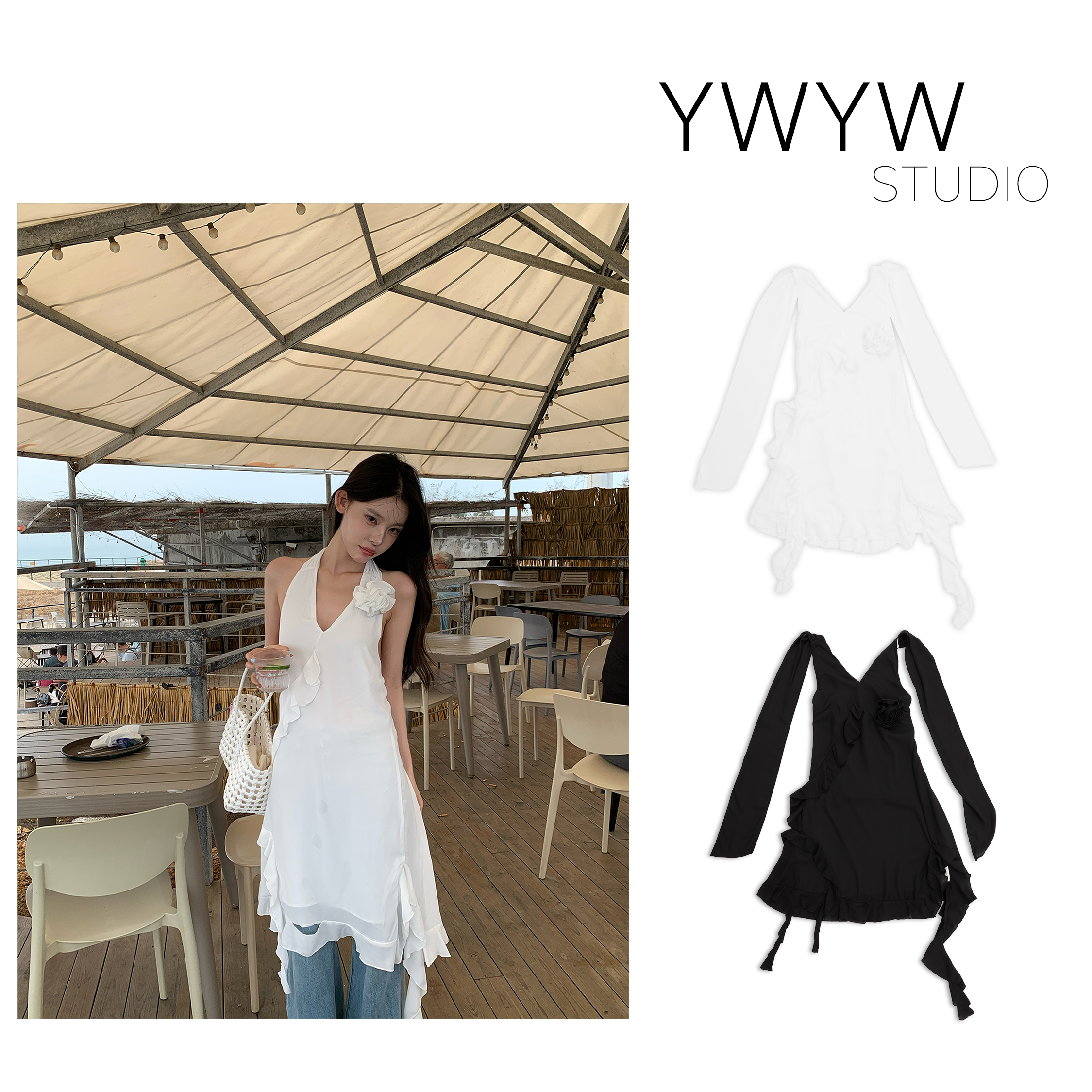 【福利款NO退换】波浪斜边透感胸花配饰套头后绑带修身连衣裙3905