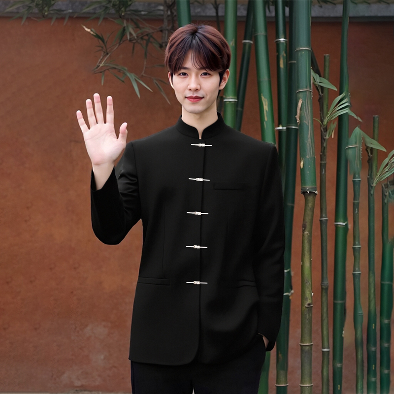新中式西装立领套装休闲男士金属盘扣西服上装青年装订婚男生穿搭
