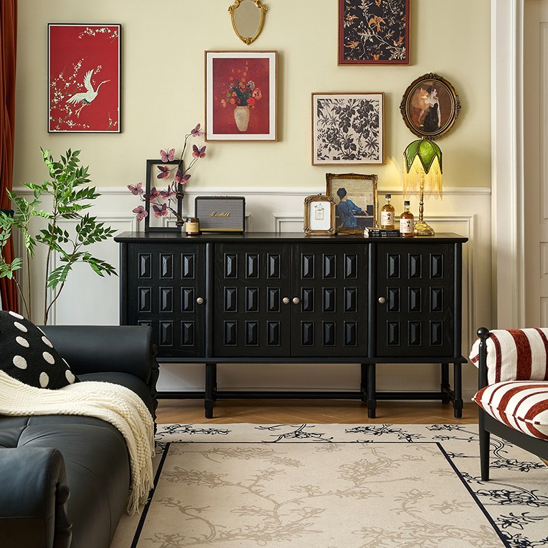 本来就复古「墨影流光餐边柜」法式复古实木储物柜靠墙一体茶边柜