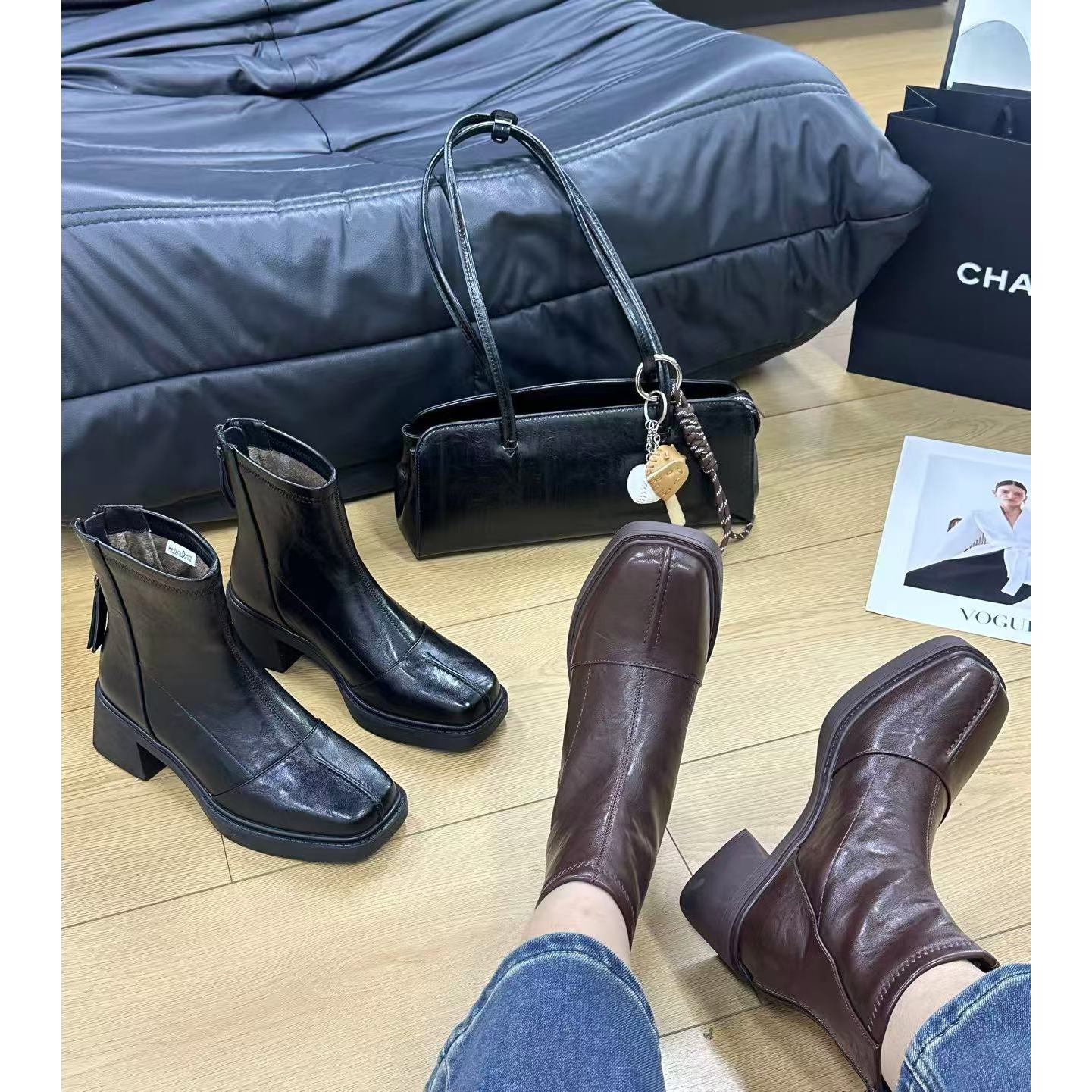 【粉丝福利】66108新款方头舒适百搭软底时尚后拉链马丁靴