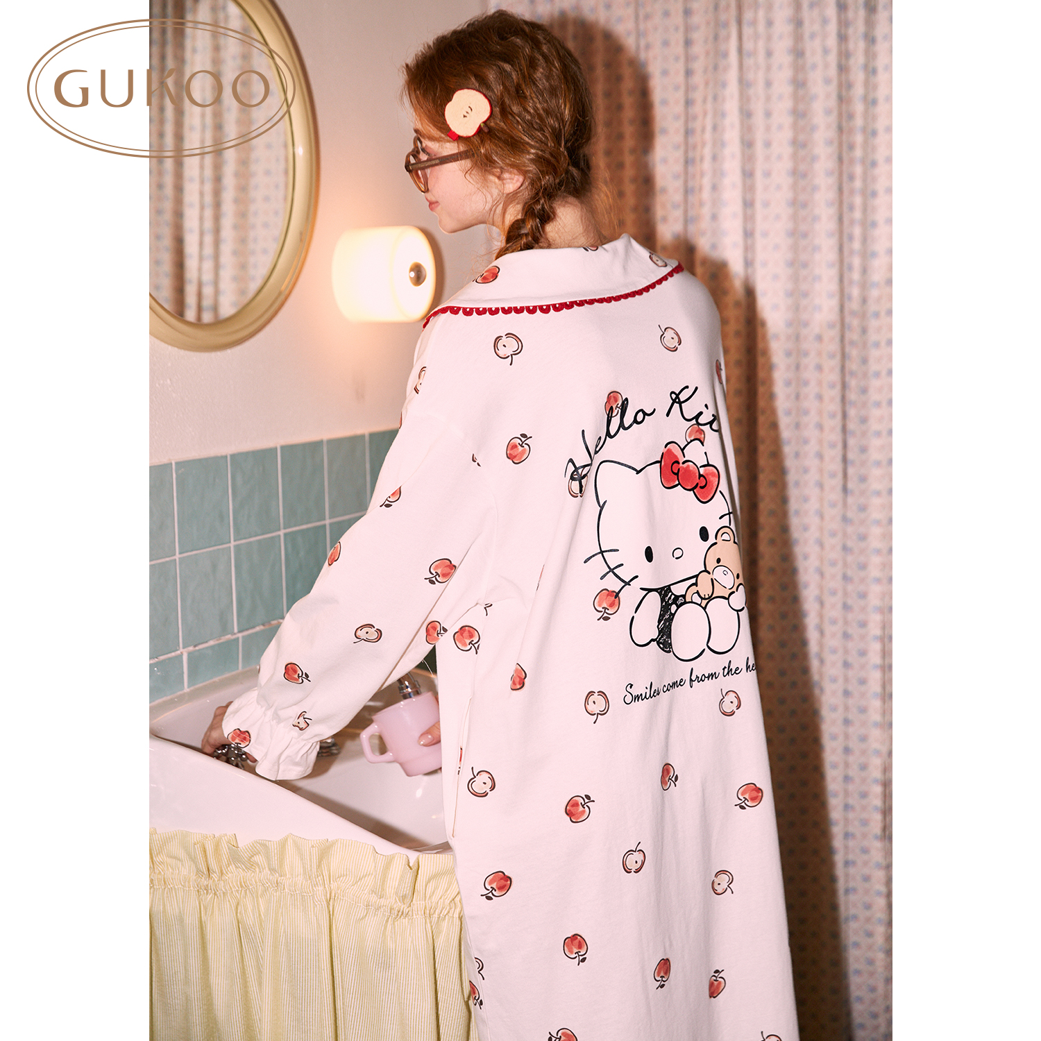 Gukoo/果壳三丽鸥HelloKitty联名小苹果满印欧若风家居睡裙春秋季