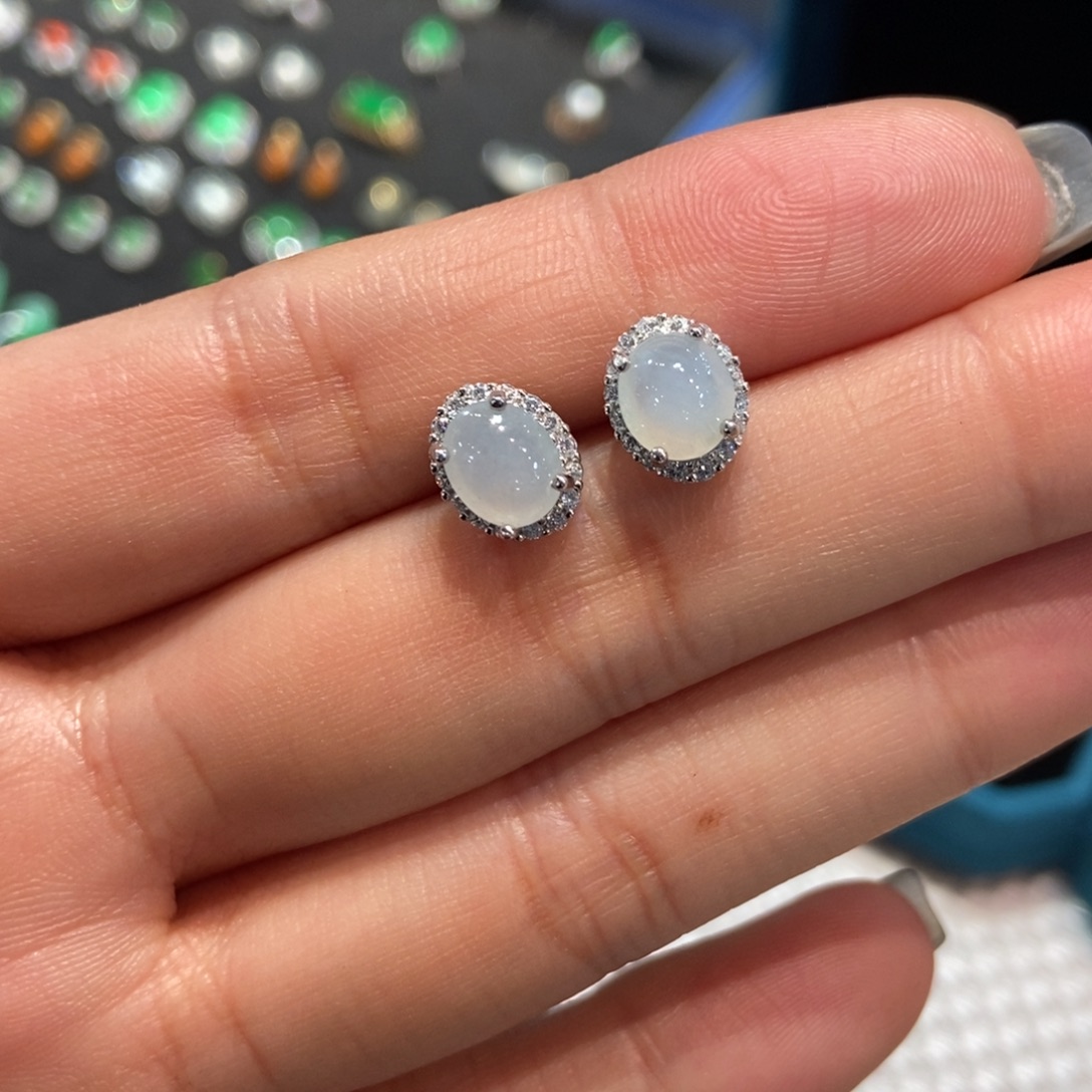 翡翠银S925镶嵌耳饰天然缅甸