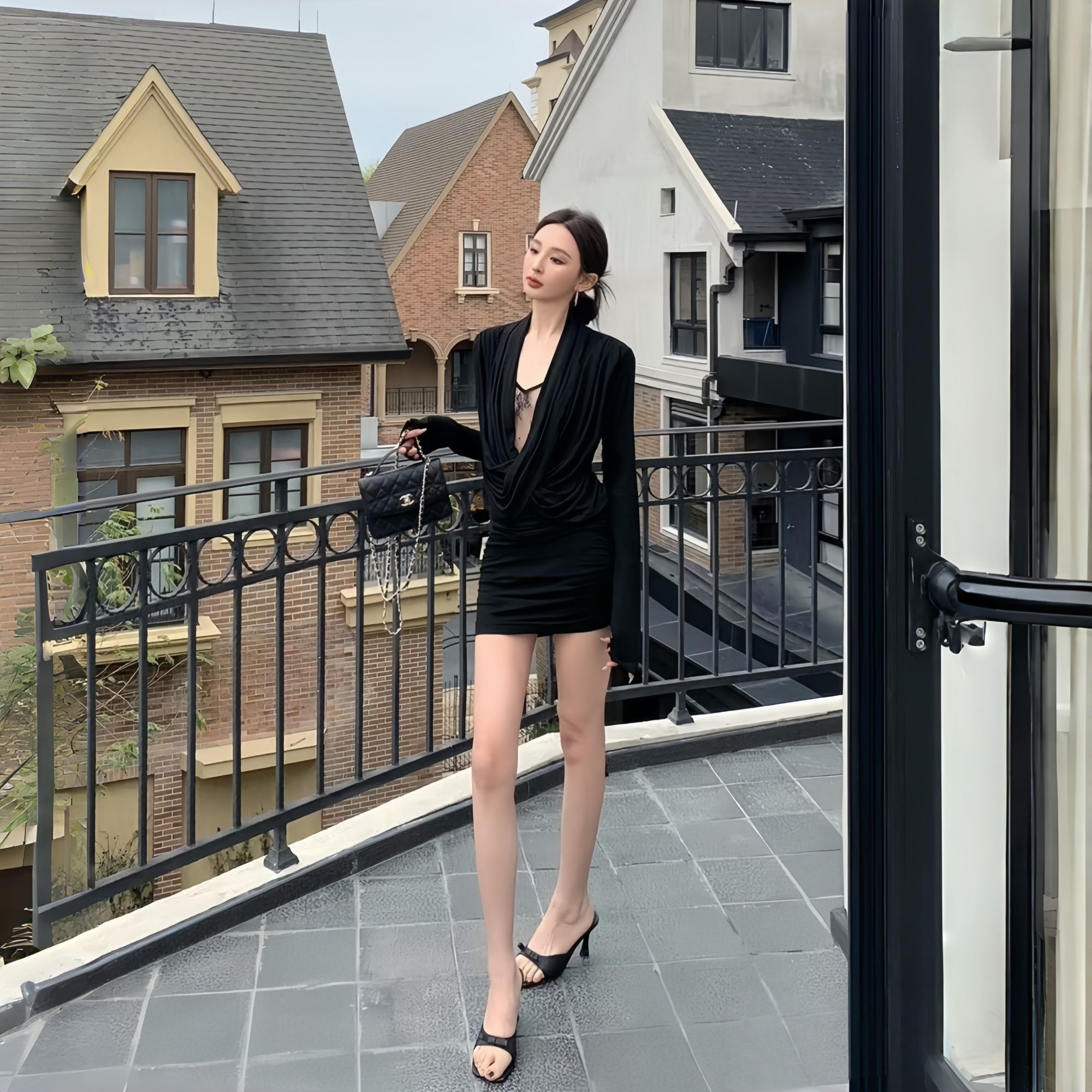 韩式ins女辣妹修身小众长袖内搭打底漂亮出片气质包臀短裙连衣裙