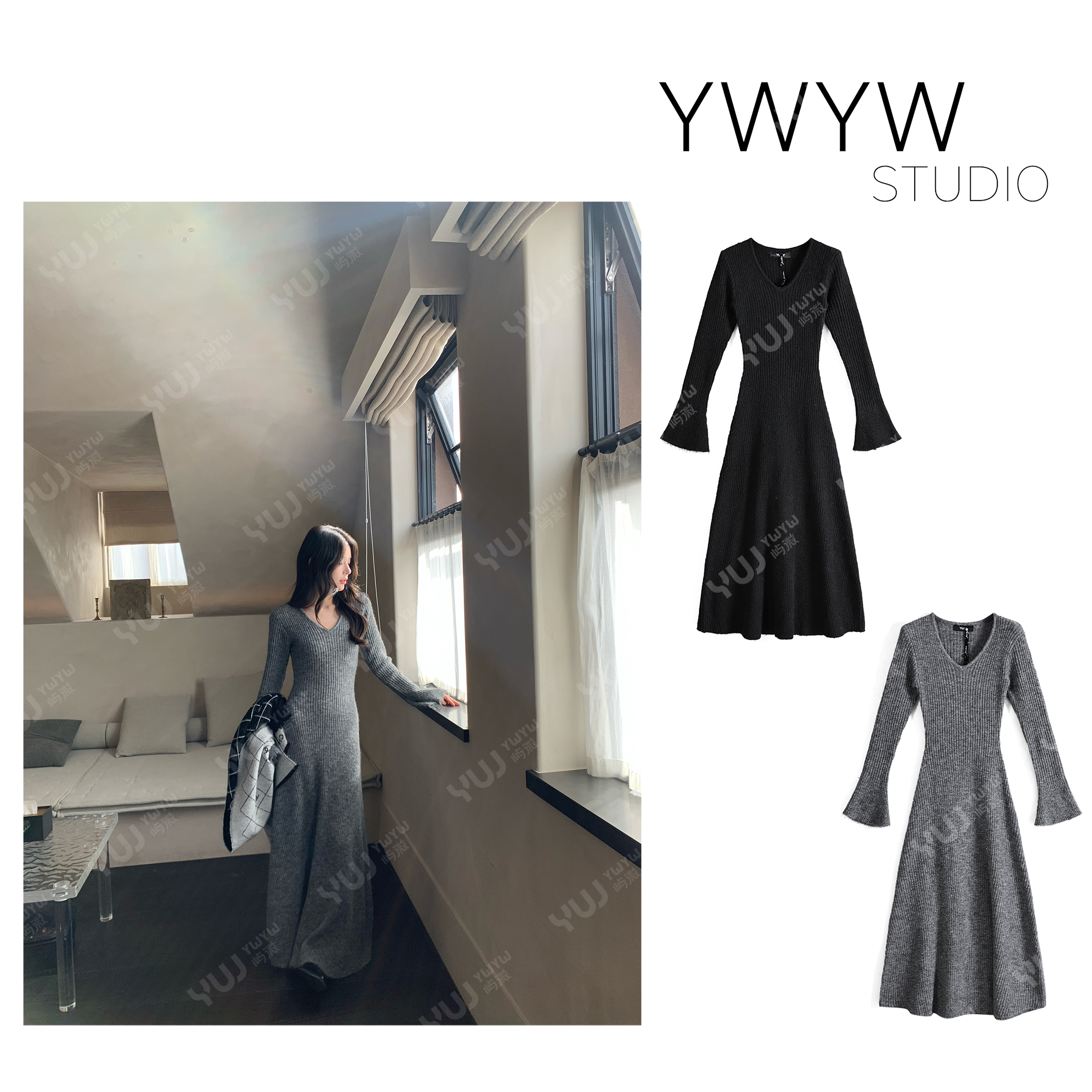 【YWYW25F/W】秋冬纯色气质V领毛织修身弹力羊毛连衣裙6016