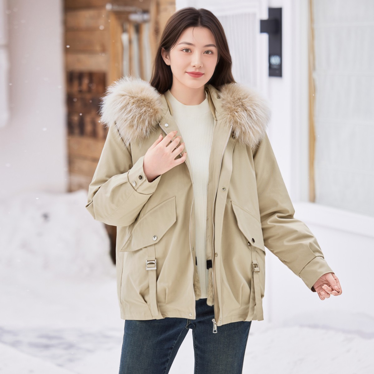 【现货可拆貉毛领三合一皮草派克服】MsShe大码女装外套X~E2511005