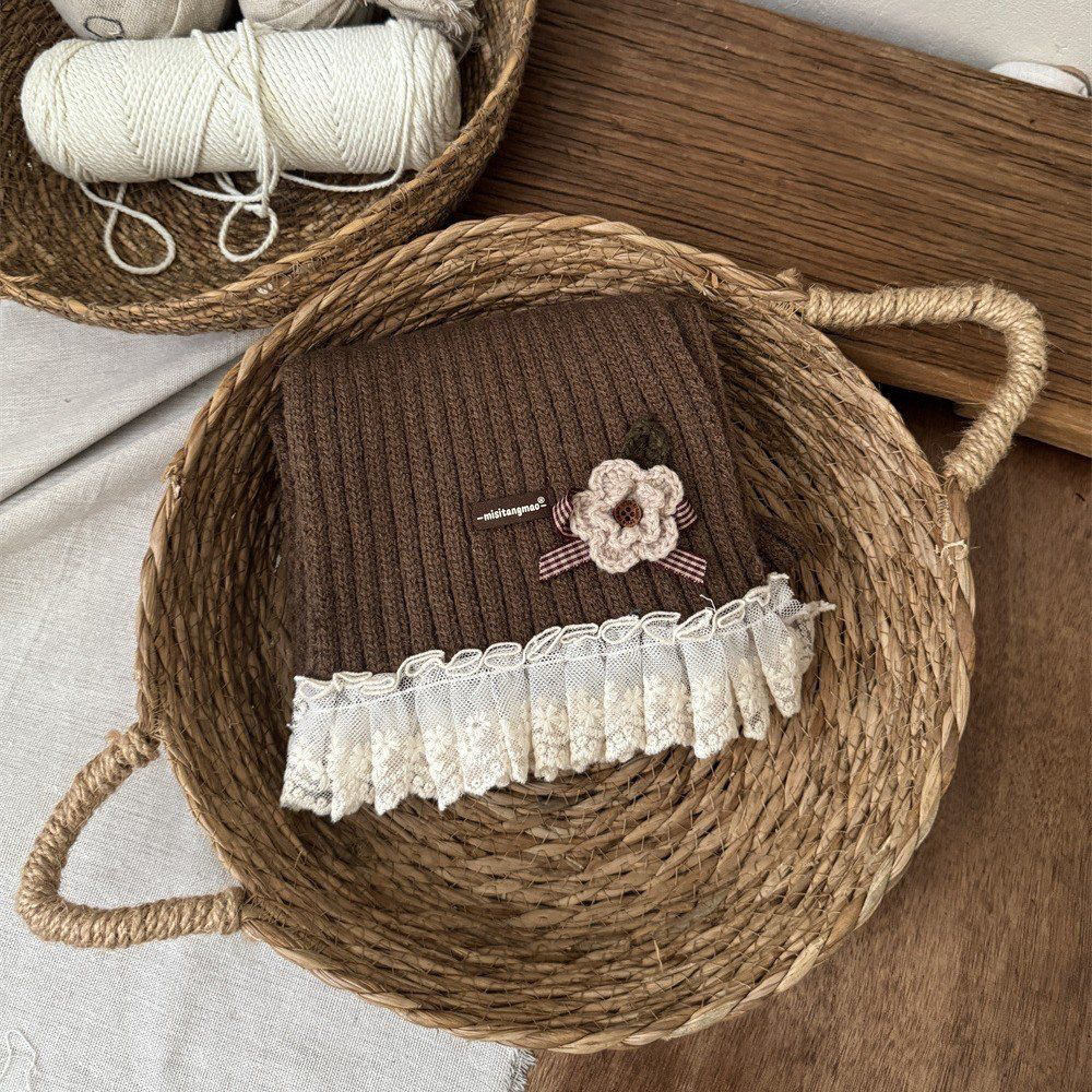 秋冬保暖防寒百搭围巾日系文艺复古甜美刺绣蕾丝花边针织围