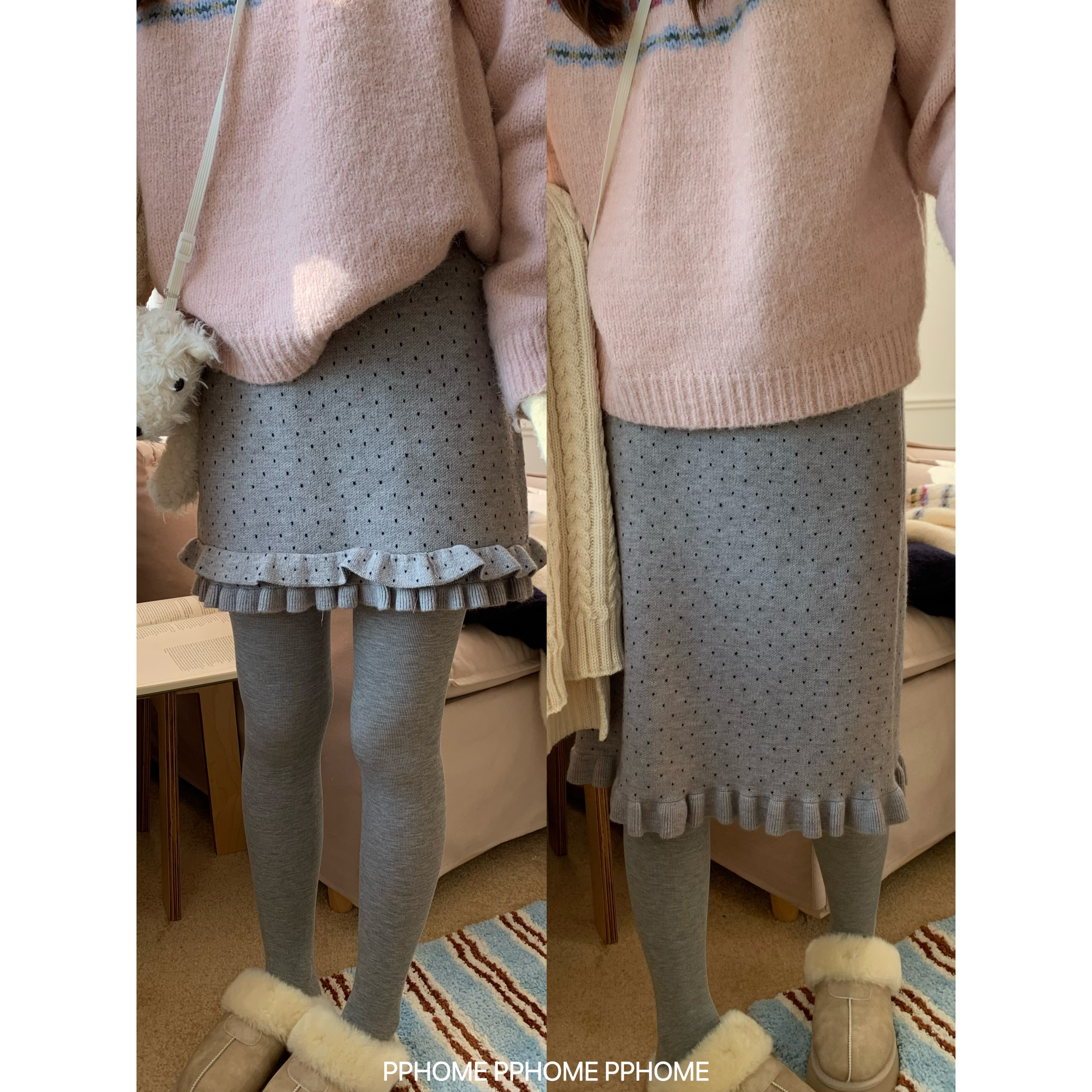 波点针织裙 巨搭配半身裙花边a字裙冬季包臀短裙中裙